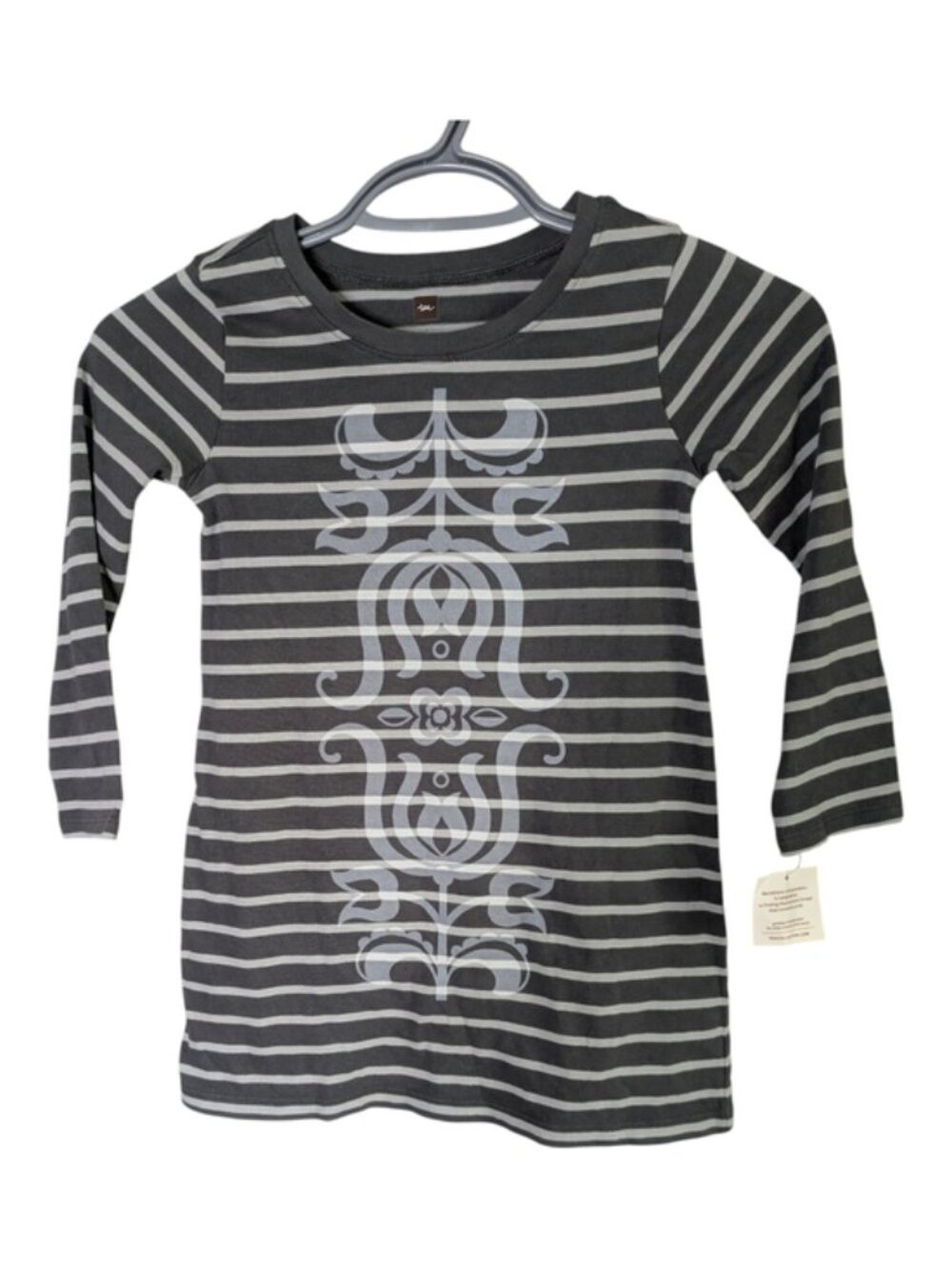 NWT Tea Collection Folk Floral Graphic Dress Size 4 Gray Stripes Long Sleeve